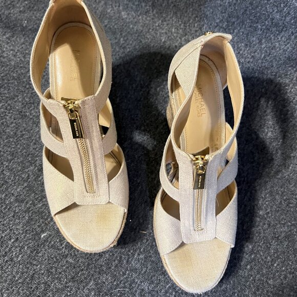 Michael Michael Kors Beige Linen Berkley Zipper Wedge Sandal Size 7.5M - Picture 2 of 11